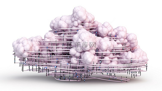 白色背景下与网络电缆连接的互联网概念卡通云的 3D 插图