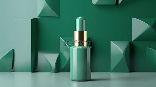 时尚的滴管瓶模型，用于在充满活力的现代绿色抽象背景下实现简约护肤