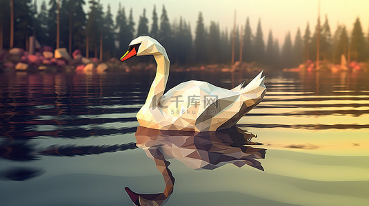 小白天鹅背景图片_低聚天鹅在宁静的湖面上滑翔 3D 艺术与芦苇