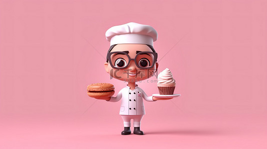 可爱的烹饪专家或咖啡鉴赏家在粉红色背景 3D 插图上展示杯子