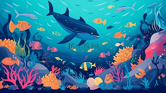 蓝色海洋鱼背景图片_海洋日鲸鱼珊瑚多彩梦幻背景