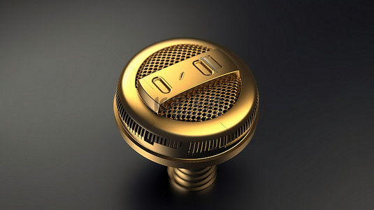金色 3D 渲染圆形按钮中的古董麦克风图标，用于 ui ux 设计