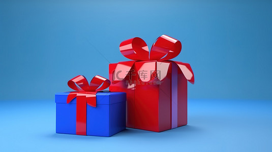3D 渲染的蓝色和红色礼品盒，蓝色背景上带有节日丝带，非常适合圣诞节和新年庆祝活动