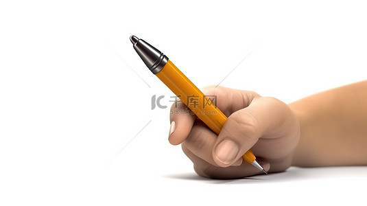 白色背景上卡通手握笔的 3d 插图
