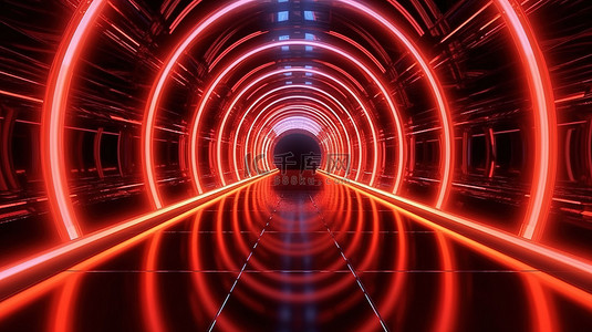 地板上红色反射霓虹灯隧道的 3D 渲染