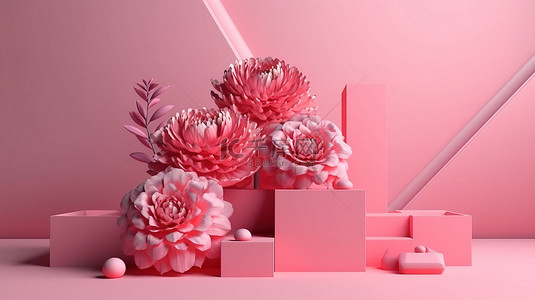 花卉粉色几何设计展示在 3D 渲染的领奖台上