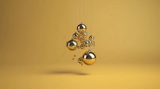 金色饰品在金色中漂流，3D 中的简约节日概念
