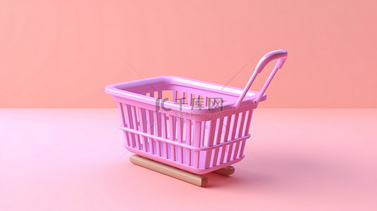 粉红色背景与购物篮的 3D 插图