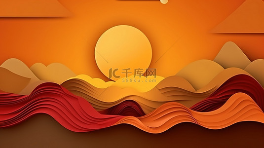 日落剪纸风格 3D 插图，以橙色天空和云彩为特色
