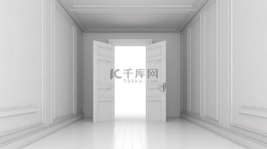 开着的背景图片_门开着的白色房间的 3D 渲染