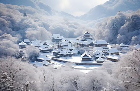 长城照片背景图片_锅山的雪屋村 照片