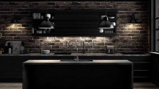 令人惊叹的 3D 渲染中的砖墙黑色厨房