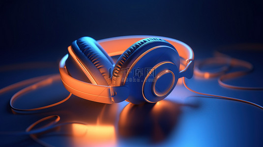 蓝色隔离背景上的 3D 充满活力的橙色耳机，带有白光耳机图标
