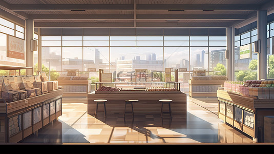 在 3d 渲染中通过木桌的视角查看空超市