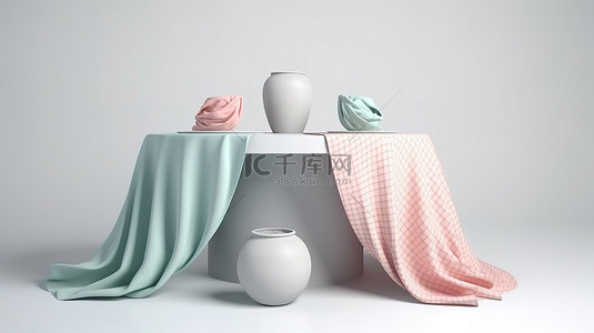 用织物在桌子上显示的柔和桌布模板的逼真 3D 渲染设计
