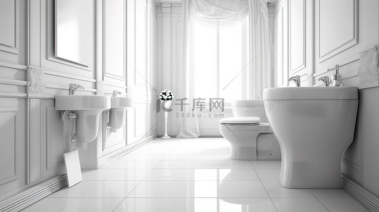 时尚卫生间背景图片_时尚的白色浴室，配有 3D 创建的马桶和坐浴盆