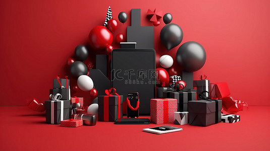节日盛宴智能手机和购物袋丰富 3D 渲染黑色星期五销售圣诞节和新年促销