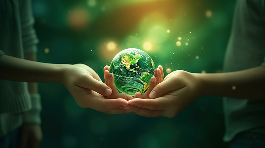 绿色地球星球背景图片_绿色背景增强了家庭手中握有 3D 星球的形象