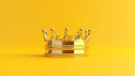代表皇家宝藏的充满活力的黄色背景上的金色王冠的 3D 渲染