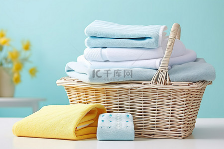 小型洗衣机背景图片_一张桌子上摆满了折叠毛巾，旁边是一个虚线背景上的篮子