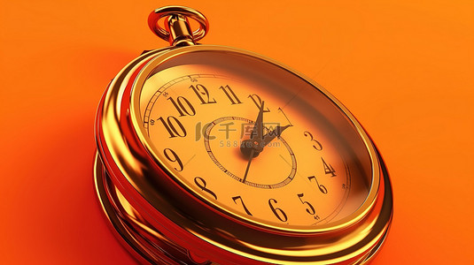 古董金色圆形时钟在孤立的橙色背景上以 3D 插图近距离显示，带有秒表图标徽标和老式计时器