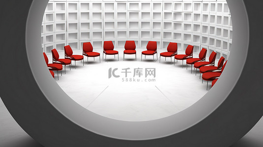 灰色背景上围绕红色椅子的一圈白色椅子的 3D 渲染