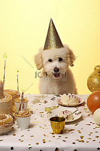一只狗坐在桌子旁，桌上放着碗和玩具，看着某人