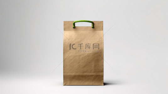 环保样机袋半侧牛皮纸高窄绿色模板在白色背景上用于促销广告 3D 渲染
