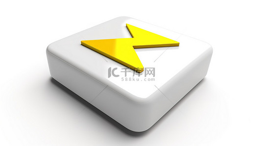 白色方形按钮图标与黄色闪电隔离在 3d 白色背景上