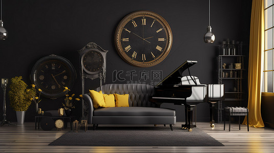 优雅的黑色和黄色三角钢琴，采用复古内饰，非常适合模型3D 插图