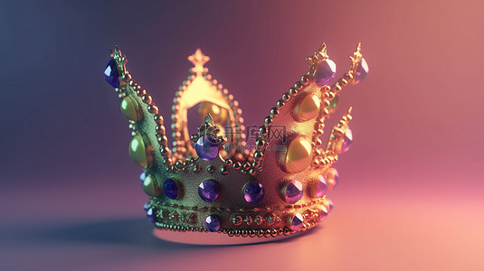 3D 描绘身着富丽堂皇服装的加冕女王，背景生动