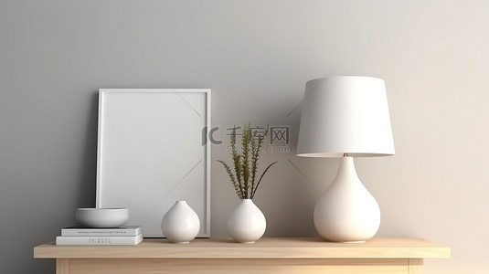 橱柜顶部光滑的白色灯，带有 3D 渲染的简约墙壁模型