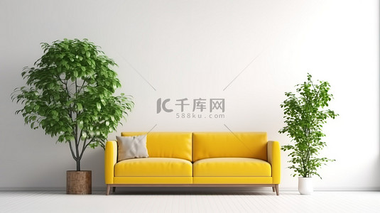 木质镶木地板装饰着黄色沙发和绿色植物，矗立在空荡荡的白墙 3D 渲染前