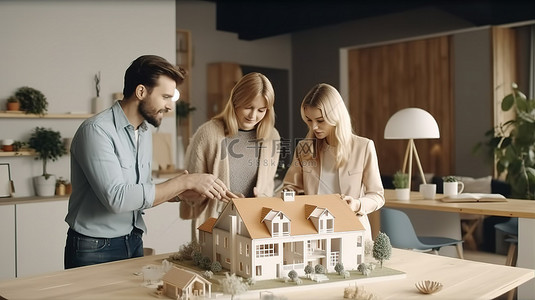 室内平面图背景图片_专业女性房地产经纪人和室内设计师向可爱的白人夫妇展示 3D 房屋模型