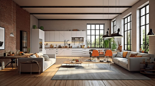 宽敞的开放式客厅和厨房的工业风格 3D 渲染
