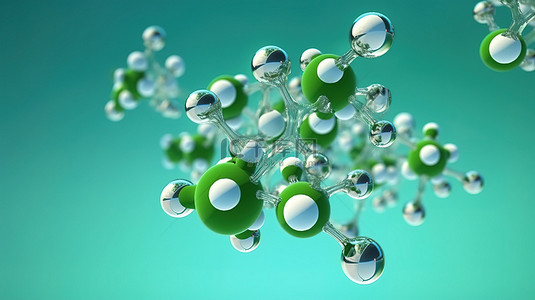 气体分子背景图片_悬浮在蓝天中的绿色氢粒子的 3d 插图