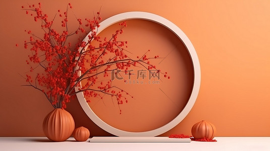 跌倒背景图片_秋季主题豪华3D讲台，配有橙色干树枝和花瓶