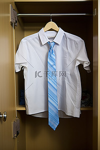 衣柜里挂着一套儿童套装和一条蓝色领带