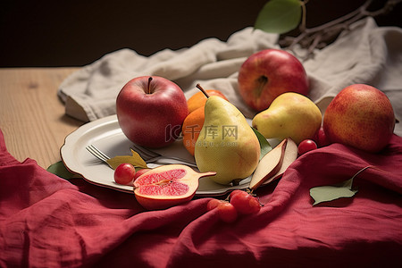 桌子散落背景图片_桌子上散落着各种水果和梨