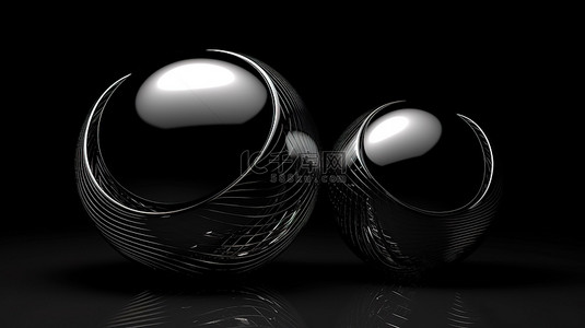一对神秘的暗球体纯黑色背景有趣的单色艺术品 3d 渲染