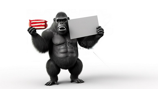 搞笑的 3D 大猩猩展示一个标志并携带一块肉