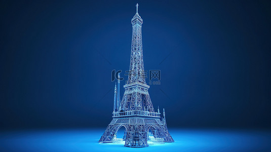 蓝色背景上埃菲尔铁塔的 3D 渲染线框风格蓝图