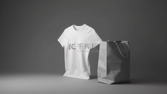 3D 渲染中的空白色 T 恤和纸袋
