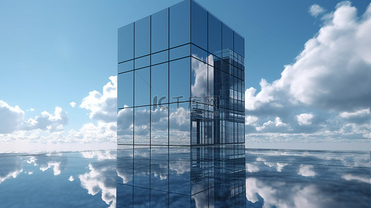 天高未来 3D 渲染时尚摩天大楼，玻璃窗上映着云彩