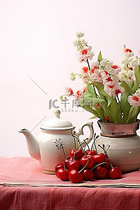 红色樱桃背景图片_红色茶壶用浆果和樱桃