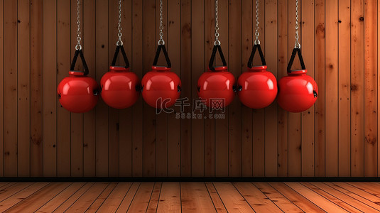 跑步彩色背景图片_拳击手套悬挂在木质背景上，以 3D 渲染并配有插图
