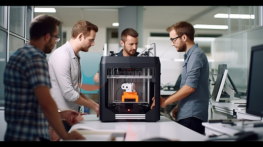 生意背景图片_三个人聚集在 3D 打印机周围