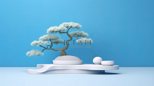 蓝色背景上的抽象日本讲台和盆景树 3D 渲染插图