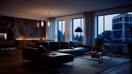 起居室背景图片_落地窗沙发台灯现代简约客厅装修效果图