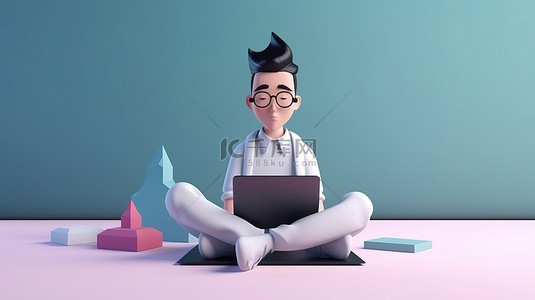 积极的少年背景图片_3D 渲染亚洲男性莲花座，平板电脑象征着通过学习实现商业领导力和创业追求